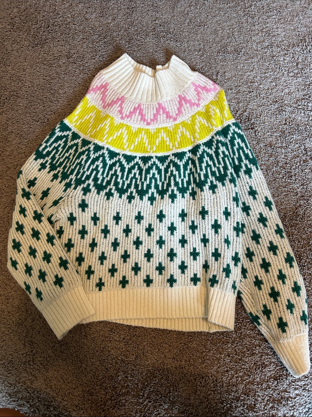 Old Navy Cream Fair Isle Turtleneck Sweater with Green, Yellow & Pink Yoke
